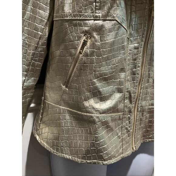 V Cristina Faux Leather Crocodile Textured Jacket Gold Faux Fur Trim Size M - Picture 4 of 12